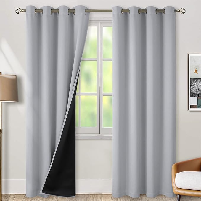 BGment Thermal Insulated 100% Blackout Curtains for Bedroom with Black Liner, Double Layer Full Room Darkening Noise Reducing Grommet Curtain (46 x 90 Inch, Light Grey, 2 Panels)