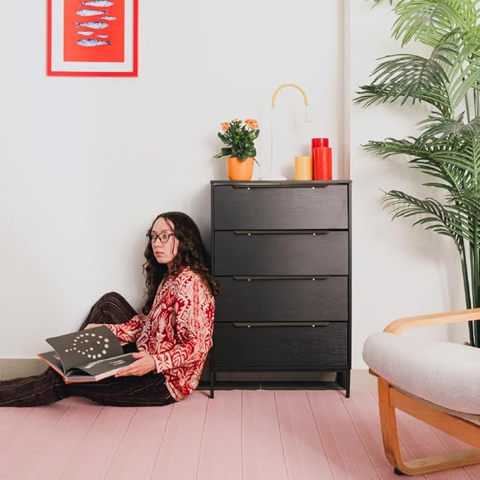 tinge Lira Premium Fabric Dresser - Solid Wooden Frame, 4 Spacious Sag-Proof Drawers with Sleek Metal Handles - Sleek & Durable Storage Solution for Your Home (Black)