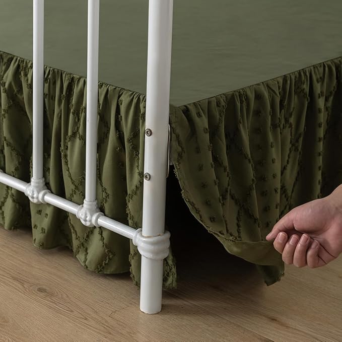 Bed Skirt King Size Ruffled Bed Skirt with Split Corners, 14 Inch Drop Dust Ruffle Bed Skirts with Platform, Boho Tufted Shabby Chic King Size Bed Skirts, Olive Green