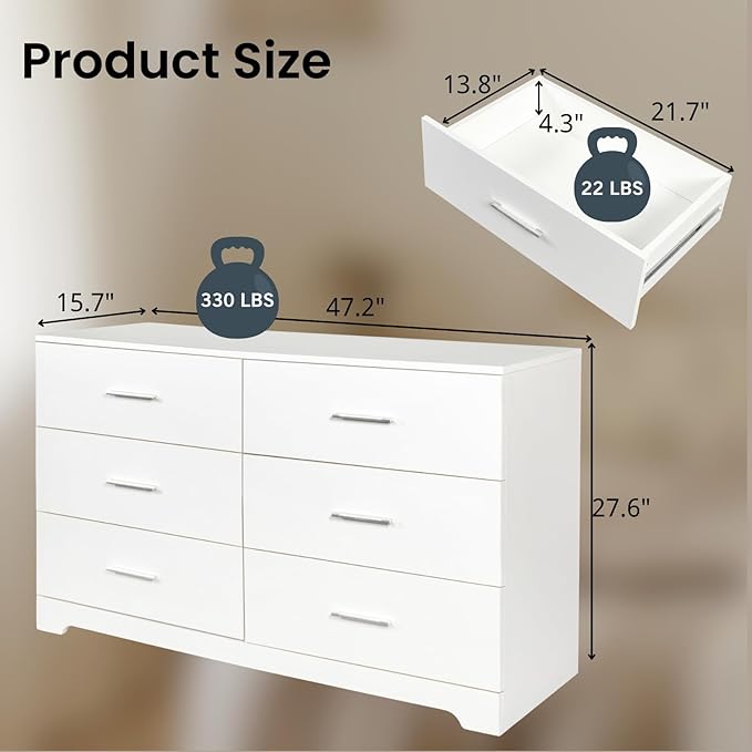 Karl home 6 Drawer Dresser, Wood White Vanity Drawer Cabinet, Bedroom Storage Cabinet TV Stand, Large Dresser Storage Chest with Deep Drawers, Bedroom Furniture
