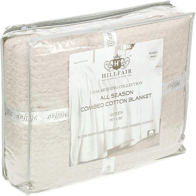 HILLFAIR 100% Combed Cotton Blanket–102x108 Inch California King Size Bed Blankets– Warm Soft All Season Breathable Blankets– Extra Large Oversized California King Blanket- Ivory King Cotton Blankets