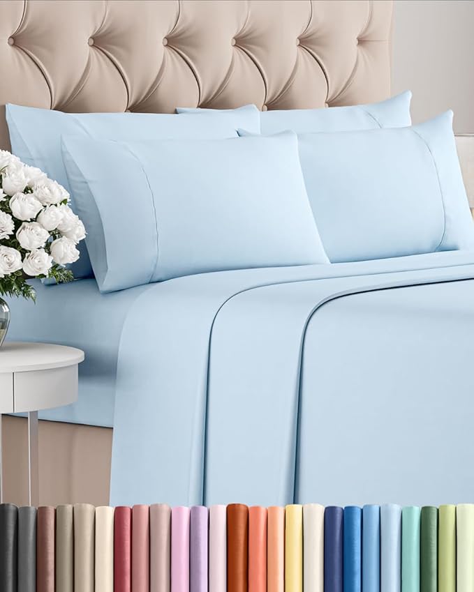 Full 6 Piece Sheet Set - Cooling, Comfy & Breathable - Hotel Luxury Bedding, Includes Fitted Sheet for Women, Men, Kids and Teens - 1 Flat, 1 Fitted Sheet, 4 Pillowcases with Deep Pockets - Sky Blue