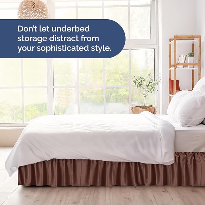 Wrap Around Dust Ruffle Bed Skirt - Brown - for Full Size Beds with 12 Inch Drop - Easy Fit Elastic Strap - Adjustable Pleated Bedskirt w/Brushed Fabric - Wrinkle Free - for Women, Men, Kids & Teens