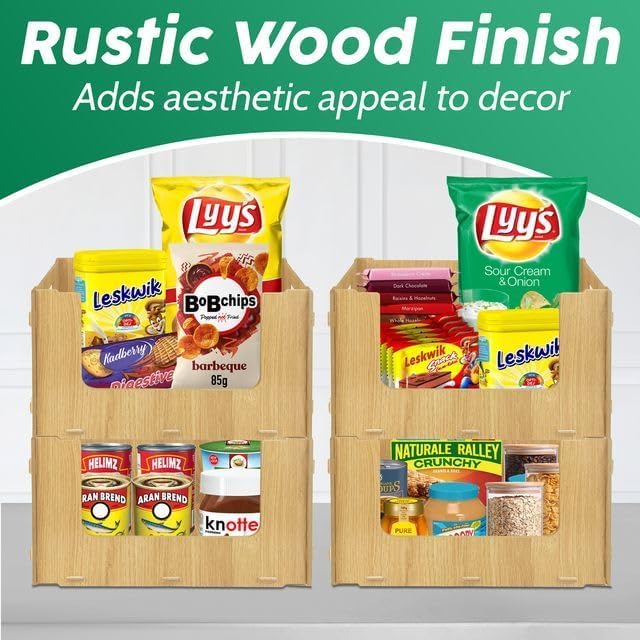 TidyFriend Wooden Stackable Storage Bins for Pantry, 4 Pack Stackable Bins For Organizing Food, Kitchen, and Bathroom Essentials (Wood)