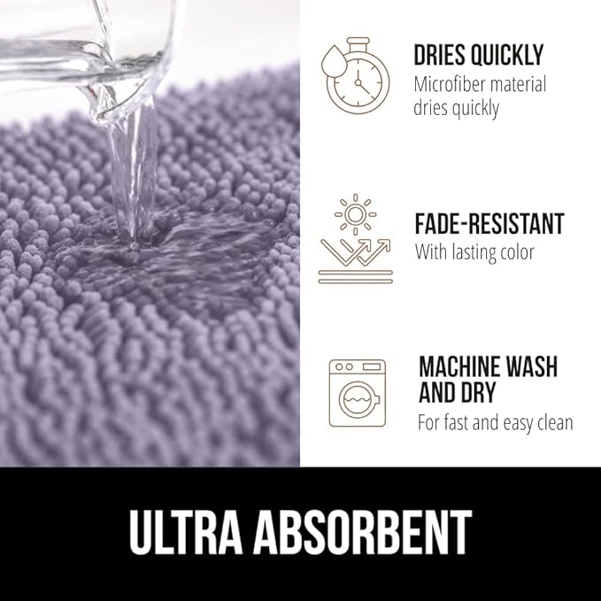 GORILLA GRIP Bath Rug Mat 44x26 Thick Soft Absorbent Chenille, Quick Dry Microfiber Mats, Rubber Backing Washable Shower Floor Rugs, Bathmat Runner Bathroom Home Decor Accessories Light Purple