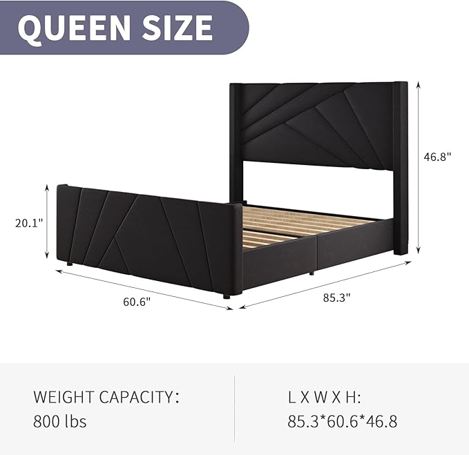 BarnFurin Queen Size Bed Frame, Velvet Upholstered Platform Bed with Geometric Tufted Headboard & Footboard, Wingback Design, Mattress Foundation with Wooden Slats, Black