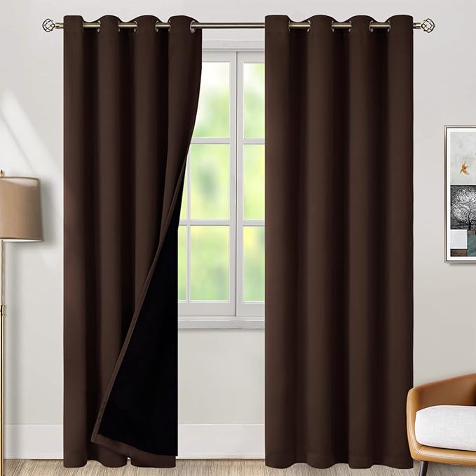 BGment Thermal Insulated 100% Blackout Curtains for Bedroom with Black Liner, Double Layer Full Room Darkening Noise Reducing Grommet Curtain (52 x 90 Inch, Brown, 2 Panels)