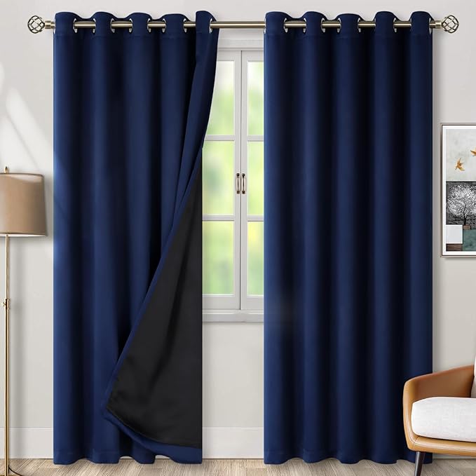 BGment Thermal Insulated 100% Blackout Curtains for Bedroom with Black Liner, Double Layer Full Room Darkening Noise Reducing Grommet Curtain (60 x 84 Inch, Navy Blue, 2 Panels)