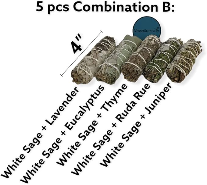 NESSASTORES - White Sage Mixture Smudge Sampler Kit 4" Bundles #JC-230 (4 Kits, 5 pcs Combination B)