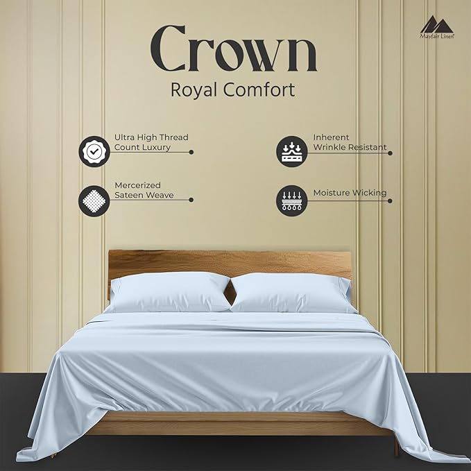 Mayfair Linen 100% Egyptian Cotton Queen Sheets Set - 2000 Series Luxury Sheets Queen Size Bed Set, Soft & Cooling, Sateen Weave 17" Extra Deep Pocket Hotel Collection Sheet (4 Pc, Light Blue)