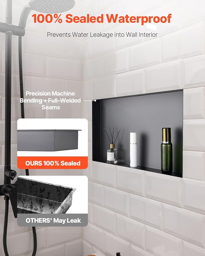VEVOR Shower Niche, 13 x 25 x 4 inch Frameless Recessed Wall Niche, Heavy-Duty Stainless Steel Modern Shampoo Storage Organizer, Sealed Waterproof, Durable & Easy to Install, Black for Bathroom
