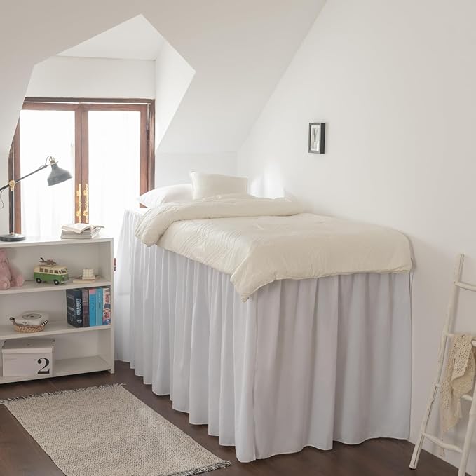 Dorm Room Bed Skirt, College Extra Long Dorm Bed Skirt with Split Corners, 100% Microfiber-White, Twin-XL/40 Drop