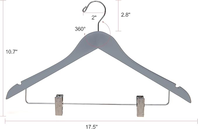 Quality Wooden Skirt Hangers with Clips, 20-Pack Smooth Solid Wood Pants Hangers with Durable Adjustable Metal Clips, Swivel Hook, Coat, Jacket, Blouse Suit Hangers (Gray, 20)
