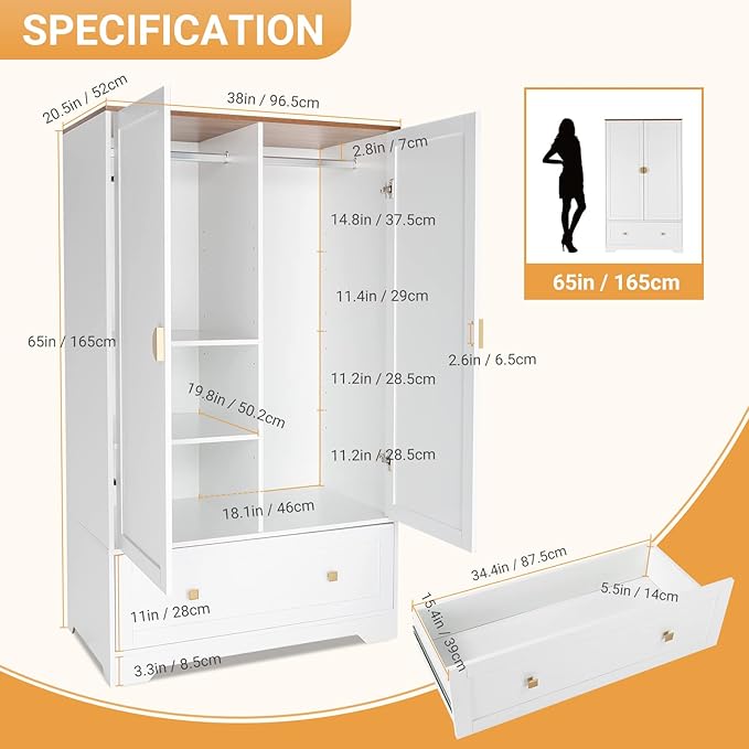 VINGLI 38" Wide Wardrobe Closet, White Armoire Wardrobe with Hanging Rod, Shelves and Drawer, Freestanding Closet Armoire Cabinet,Armoires and Wardrobes with Doors for Bedroom,Dorm,21"D x 38"W x 65"H