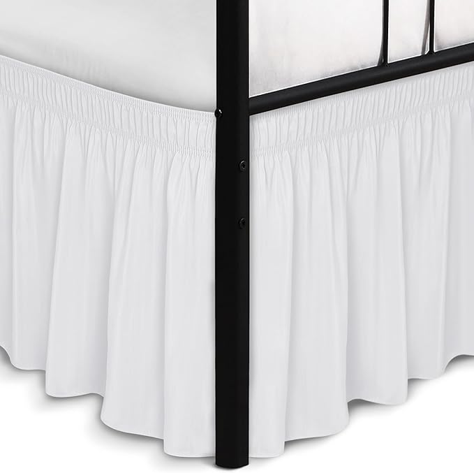 Biscaynebay Wrap Around Bed Skirts with Split Corners for Full Beds 16" Drop, White Elastic Dust Ruffles Adjustable Easy Fit Wrinkle & Fade Resistant Silky Luxurious Fabric Machine Washable