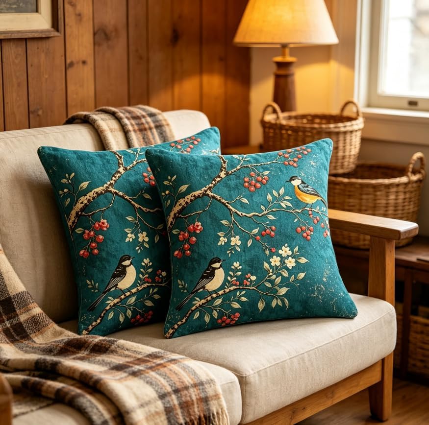18x18 Inch Linen Vintage Teal Bird Throw Pillow Covers Set of 2 - Image 6