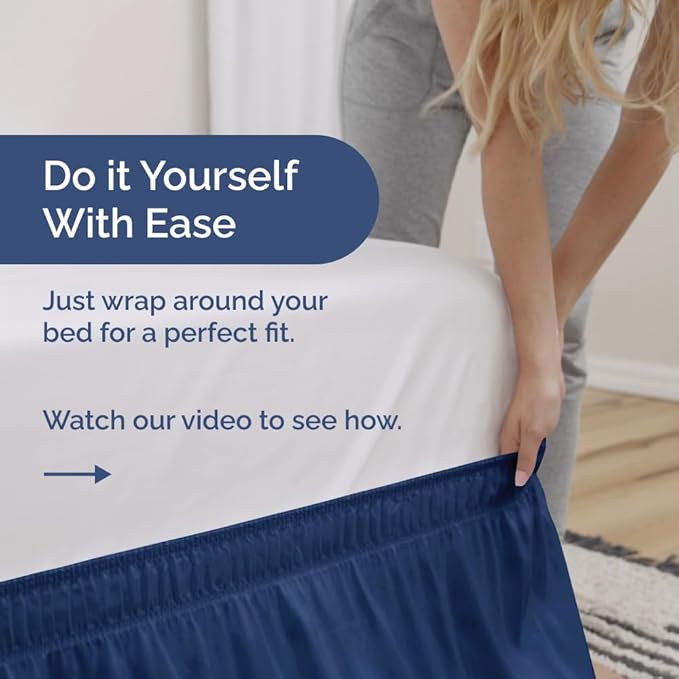 Wrap Around Dust Ruffle Bed Skirt - Navy Blue - for Full Size Beds w/ 14 Inch Drop - Easy Fit Elastic Strap - Adjustable Pleated Bedskirt with Brushed Fabric, Wrinkle Free Women, Men, Kids and Teens