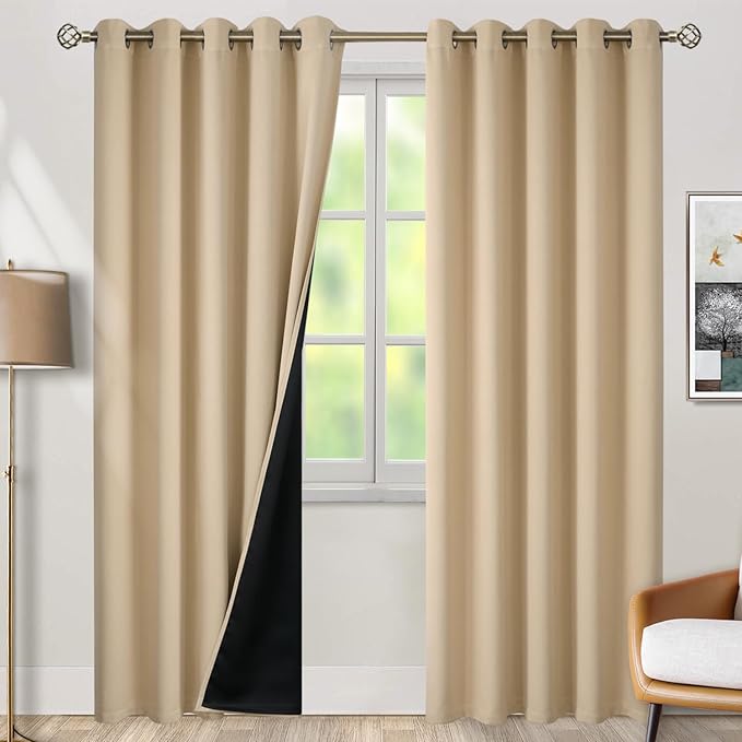 BGment Thermal Insulated 100% Blackout Curtains for Bedroom with Black Liner, Double Layer Full Room Darkening Noise Reducing Grommet Curtain (60 x 84 Inch, Beige, 2 Panels)