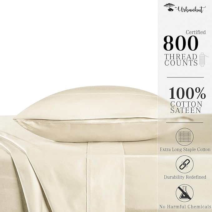 URBANHUT 800 Thread Count 100% Cotton Twin Size Sheets, Luxury 4 Piece Twin Bedsheets, Hotel Sheets Sateen Finish - Better Than Egyptian, 14" Elasticized Deep Pocket - Ivory