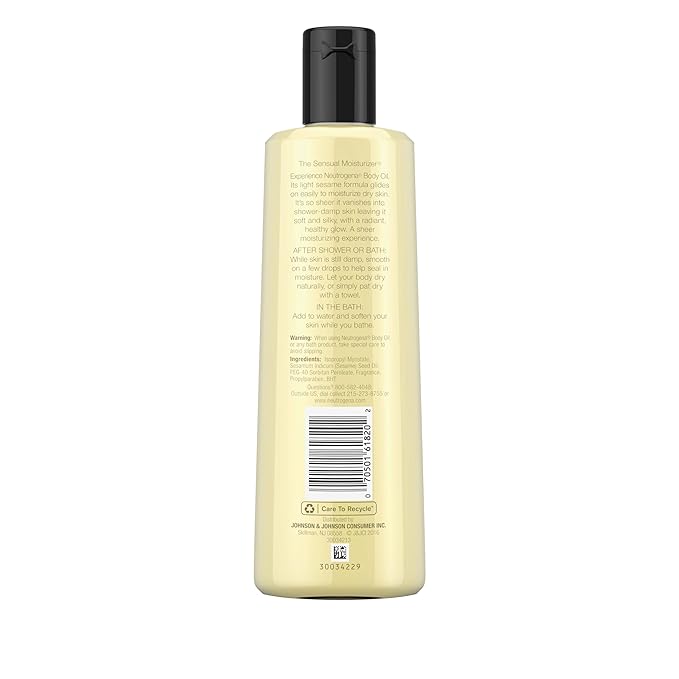 Neutrogena Body Oil Light Sesame Formula, 8.5 fl oz, Radiant Glow Moisturizer for Dry Skin, Bath & Shower Oil For Smooth and Hydrated Skin