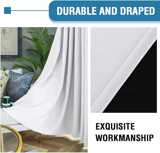 H.VERSAILTEX 100% Blackout Curtains for Bedroom Thermal Insulated Blackout Curtains 96 Inches Long Rod Pocket Window Drapes for Living Room with Black Liner 2 Panels Set, Pure White