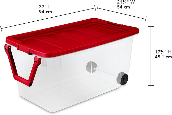 Sterilite 2 Pack Wheeled Storage Box, Large Clear Plastic Container, Durable Home Organizer with Red Lid and Rotating Handle, 160 Quart