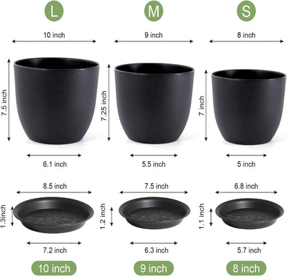 10/9/8 inch Medium Plant Pots, 3 Pack Modern Decorative Plastic Planters with Drainage Holes and Saucers, Flower Pots for Indoor Outdoor Plants, Black