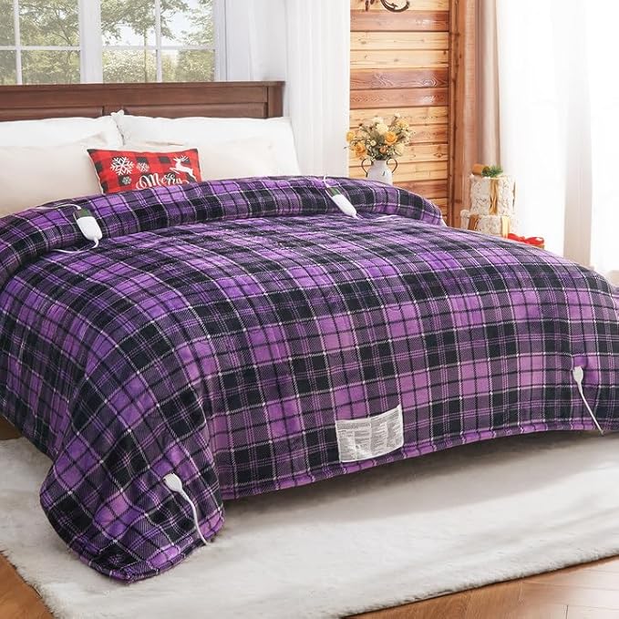 Heated Electric Blanket Queen Size, 84X90 Heating Blanket Queen with Dual Control&10 Heats Levels&Timer for Bed,Purple Plaid Sherpa Soft Blankets Warmer Gift for Grandma Women Adults, Washable