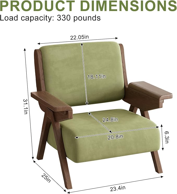 Accent Chair Mid Century Modern Chair, Velvet Upholstered Lounge Arm Chair with Solid Wood, Cozy Reading Chair for Living Room, Bedroom, Balcony (Green)
