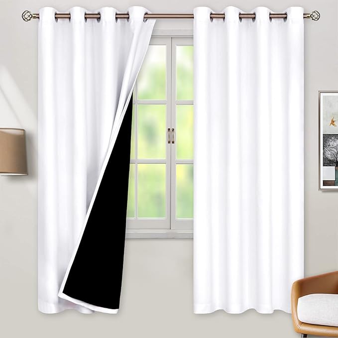 BGment Thermal Insulated 100% Blackout Curtains for Bedroom with Black Liner, Double Layer Full Room Darkening Noise Reducing Grommet Curtain (46 x 72 Inch, Pure White, 2 Panels)