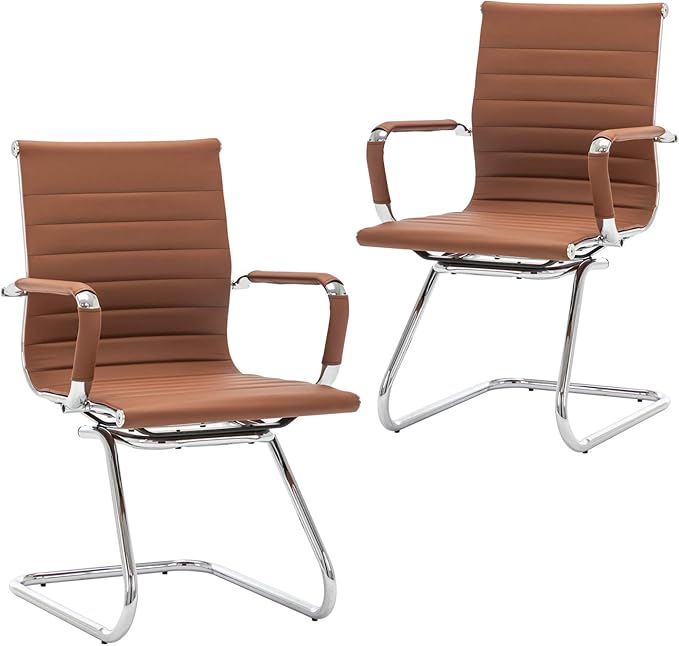 Wahson Office Guest Chairs Set of 2, Leather Reception Chairs, Mid Back Waiting Room Chair, Conference Chairs with Sled Base, Desk Chair No Wheels for Meeting/Lobby/Restroom, Coffee