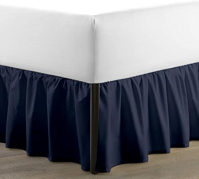 SKY BEDDINGS - Queen Size Ruffled Bed Skirt with Split Corners - 14 Inch Drop Dust Ruffle Bed Skirt with Platform Three Sided Coverage - 100% Microfiber, Navy Blue