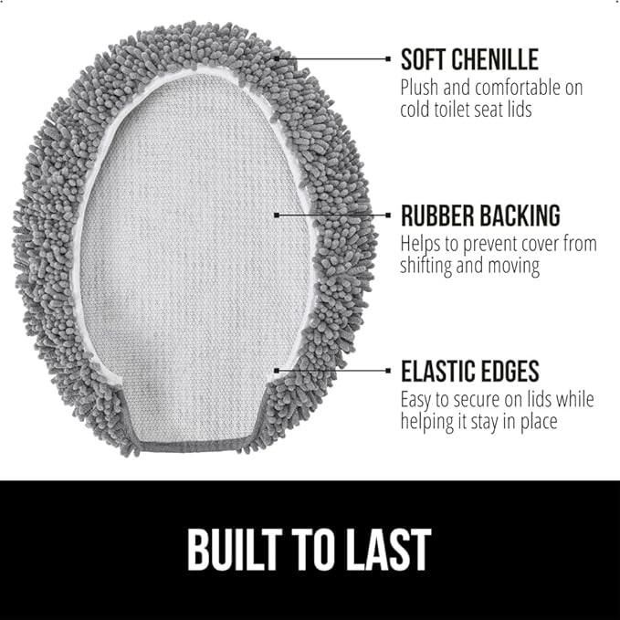 GORILLA GRIP Soft Chenille Bathroom Toilet Lid Cover, Machine Washable Seat Covers, 19.5x18.5, Stays in Place Rubber Backing, Fits Most Round, Elongated and Oblong Lids, Accessories Decor, Gray