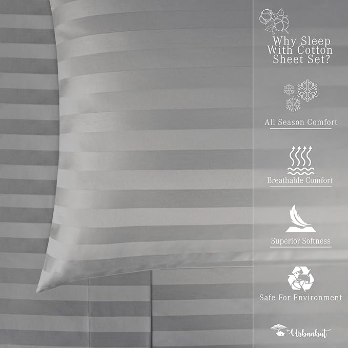 URBANHUT 800 Thread Count 100% Cotton Damask King Size Sheets, 4 Piece Striped King Size Bedsheets, Luxury Hotel Sheets Sateen Weave - Better Than Egyptian, 16" Elasticized Deep Pocket- Dark Grey