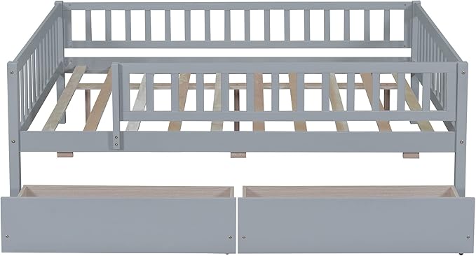 Bellemave Full Size Bed Frames with Rails for Kids, Full daybed Frame with Drawers for Boys/Girls/Adults， Gray