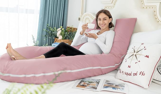 Meiz Pregnancy Pillow, Cooling Silky Pregnancy Pillows for Sleeping, 65" U Shaped Full Body Maternity Pillow for Pregnant Women, with Washable Jersey Cotton Cover, Pink