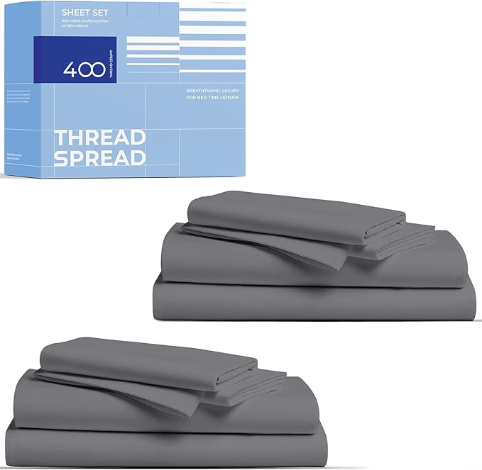 THREAD SPREAD 2-Pack Full Size Sheet Sets - 400 Thread Count 100% Cotton Sateen Weave - Extra Soft, Breathable, Hotel Quality Cooling Sheets, 2 Sets of Full Size Deep Pocket Bed Sheets (Dark Grey)
