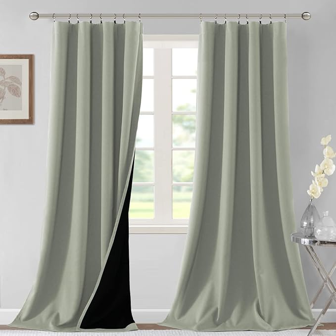 H.VERSAILTEX 100% Blackout Curtains for Bedroom Thermal Insulated Blackout Curtains 96 Inches Long Rod Pocket/Clip Rings Curtains for Living Room with Black Liner 2 Panels, Light Sage