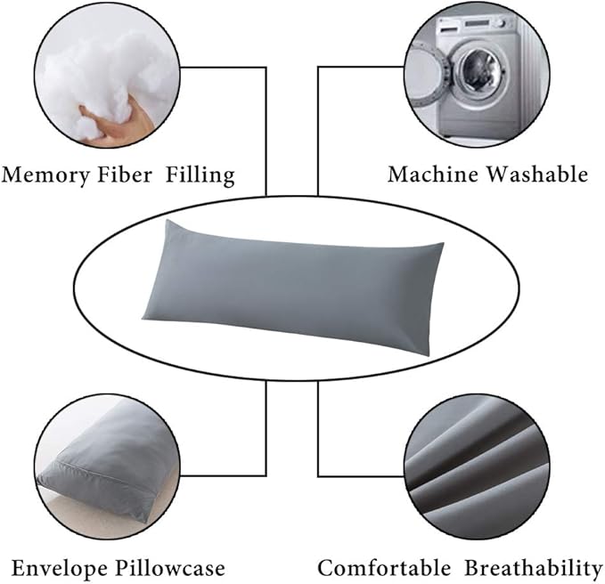 ELNIDO QUEEN Body Pillow with Pillowcase - Soft Long Bed Pillow for Adults - Breathable Full Body Pillow Insert for Sleeping, 20x54inches, Grey