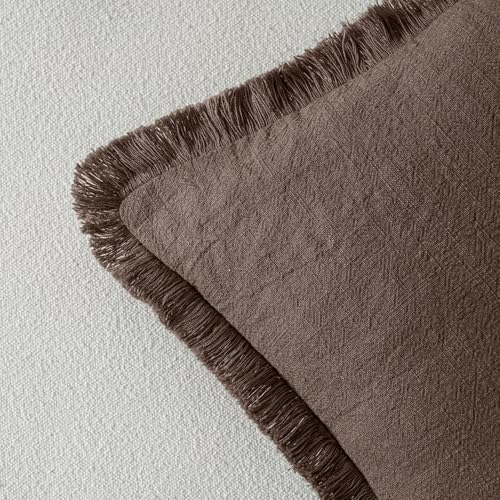 MIULEE Boho Linen Fringe Decorative Fall Pillow Covers Reddish Brown 18x18 - Image 3