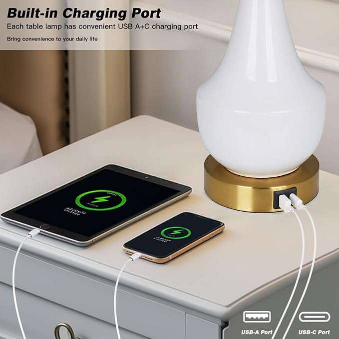 Modern White Table Lamp Set of 2, 24" Ceramic Table Lamp with USB A+C Ports,Classic Beside Lamps Nightstand Lamp Modern Lamp for Living Room, Bedroom & Office -LED Bulbs Included