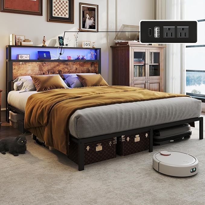 Full Size Bed Frame with 2-Tier Storage Headboard with Charging Station and 12 Color LED Lights,2 Tier Solid Wood Headboard Storage,Noise Free, No Box Spring Needed,Remote Control/Vintage Brown