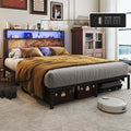 Full Size Bed Frame with 2-Tier Storage Headboard with Charging Station and 12 Color LED Lights,2 Tier Solid Wood Headboard Storage,Noise Free, No Box Spring Needed,Remote Control/Vintage Brown