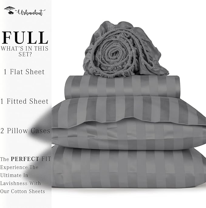 URBANHUT 800 Thread Count 100% Cotton Damask Full Size Sheets, 4 Piece Striped Full Size Bedsheets, Luxury Hotel Sheets Sateen Weave - Better Than Egyptian, 16" Elasticized Deep Pocket- Dark Grey
