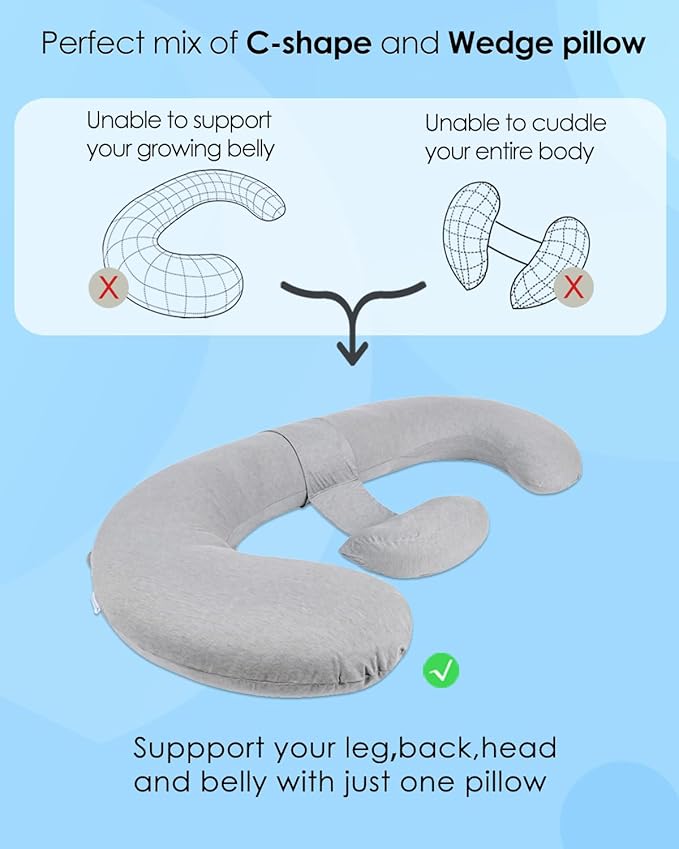 QUEEN ROSE Pregnancy Pillows - E Shaped Pregnancy Pillows for Sleeping, with Pregnancy Wedge Pillows for Belly Support, 60 inch Maternity Body Pillow, Breathable Jersey Cover,Grey