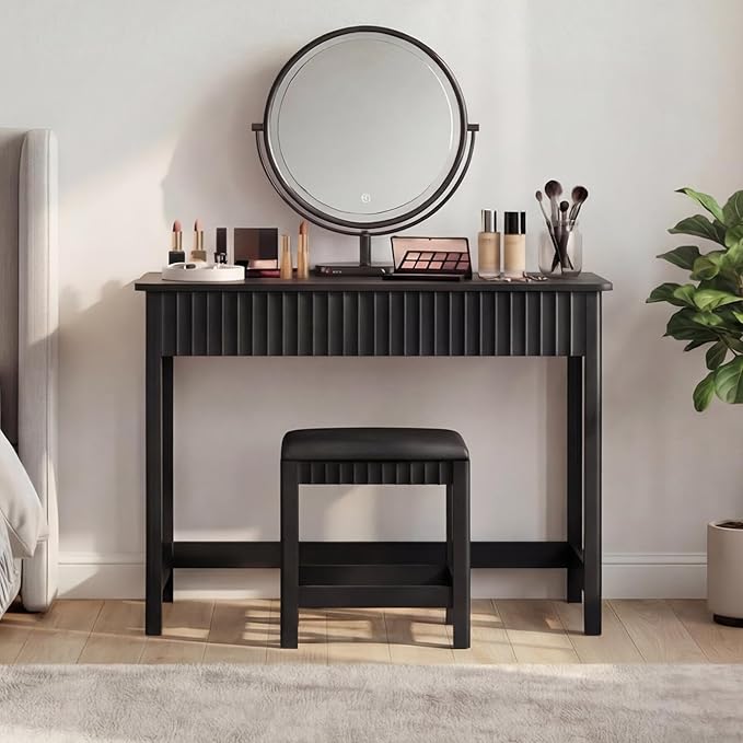 ChooChoo 40 Inch Modern Desk with Drawers, Makeup Vanity Desk with Padded Stool, Small Home Office Desk for Bedroom, Black