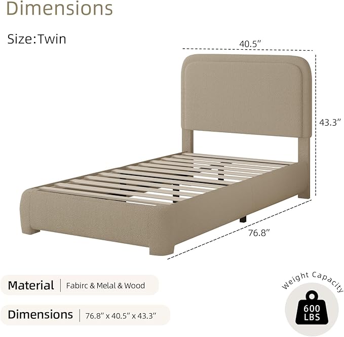 BarnFurin Twin Bed Frames with Headboard,Cloud Boucle Upholstered Platform Bed, Modern Style, Soft Rounded Corners, No Box Spring Needed, Easy Assembly, Beige