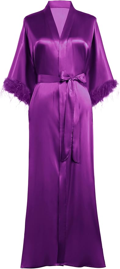 PRODESIGN Satin Kimono Robe Long Silky Bathrobe with Ostrich Feather Trim Sleepwear Wedding Bridesmaid Dressing Gown