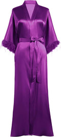 PRODESIGN Satin Kimono Robe Long Silky Bathrobe with Ostrich Feather Trim Sleepwear Wedding Bridesmaid Dressing Gown