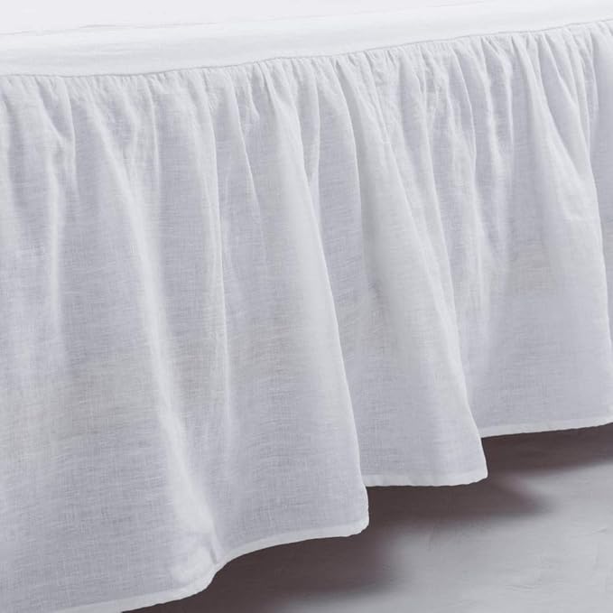 meadow park Washed French Linen Bed Skirt, Dust Ruffle, Queen Size 60" W x 80" L, Drop 16", Super Soft, Ruffle Style, White Color